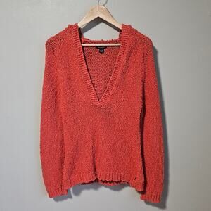 Vtg American‎ Eagle Hoodie Sweater Women XL Rust Cotton Deep V Knit Y2K Pullover